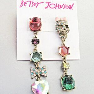 Vintage Betsey JOHNSON Rhinestone Halloween SKULL Mismatch Dangle Earrings